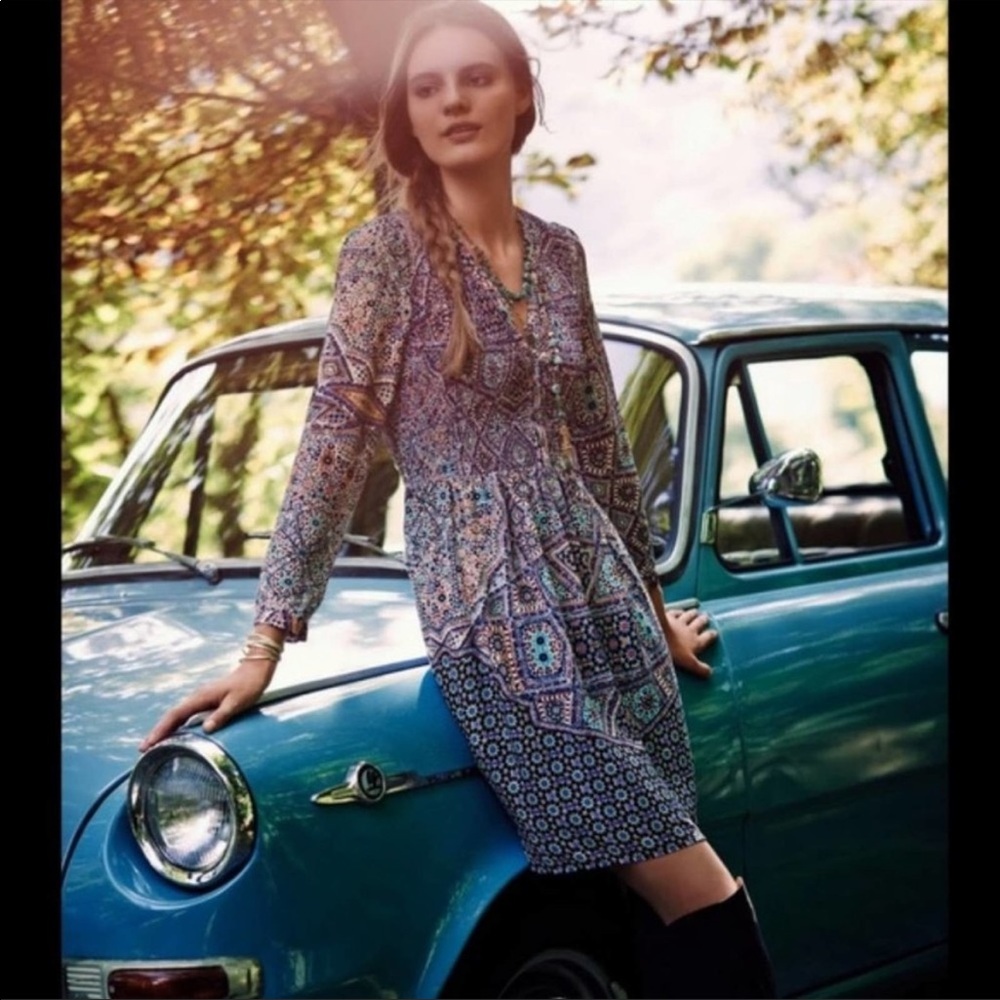 Anthropologie Maeve Long Sleeve Smocked Button Multi Color Print Dress Small - Picture 2 of 11